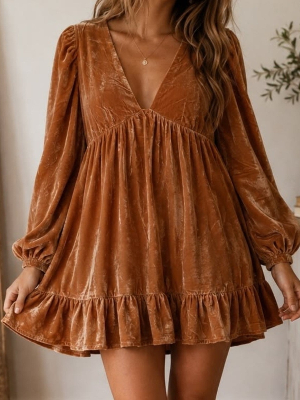 Free People Estella Velvet Ruffle Dress in Camel NWT